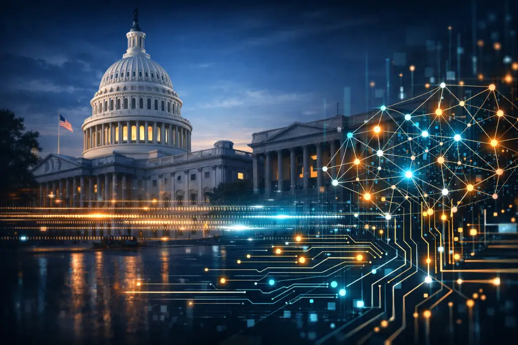 AI reshaping government contracting in 2026 with Capitol building and neural network visualization representing federal AI adoption
