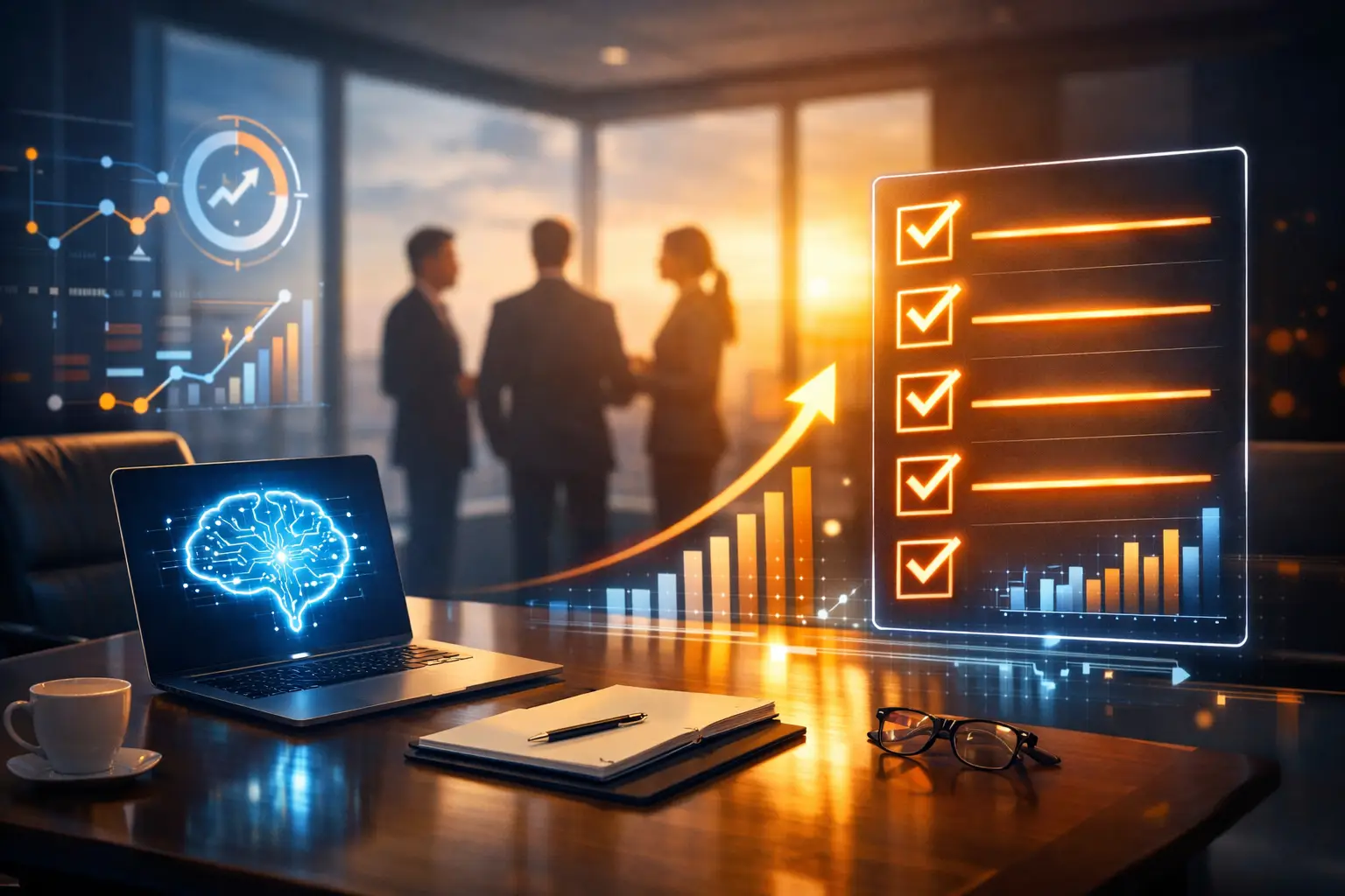 AI readiness checklist with modern office and holographic data visualizations