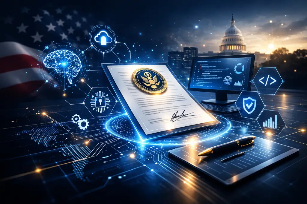 Professional government contracting scene with a digital contract document surrounded by holographic AI and technology icons in navy, red, and gold