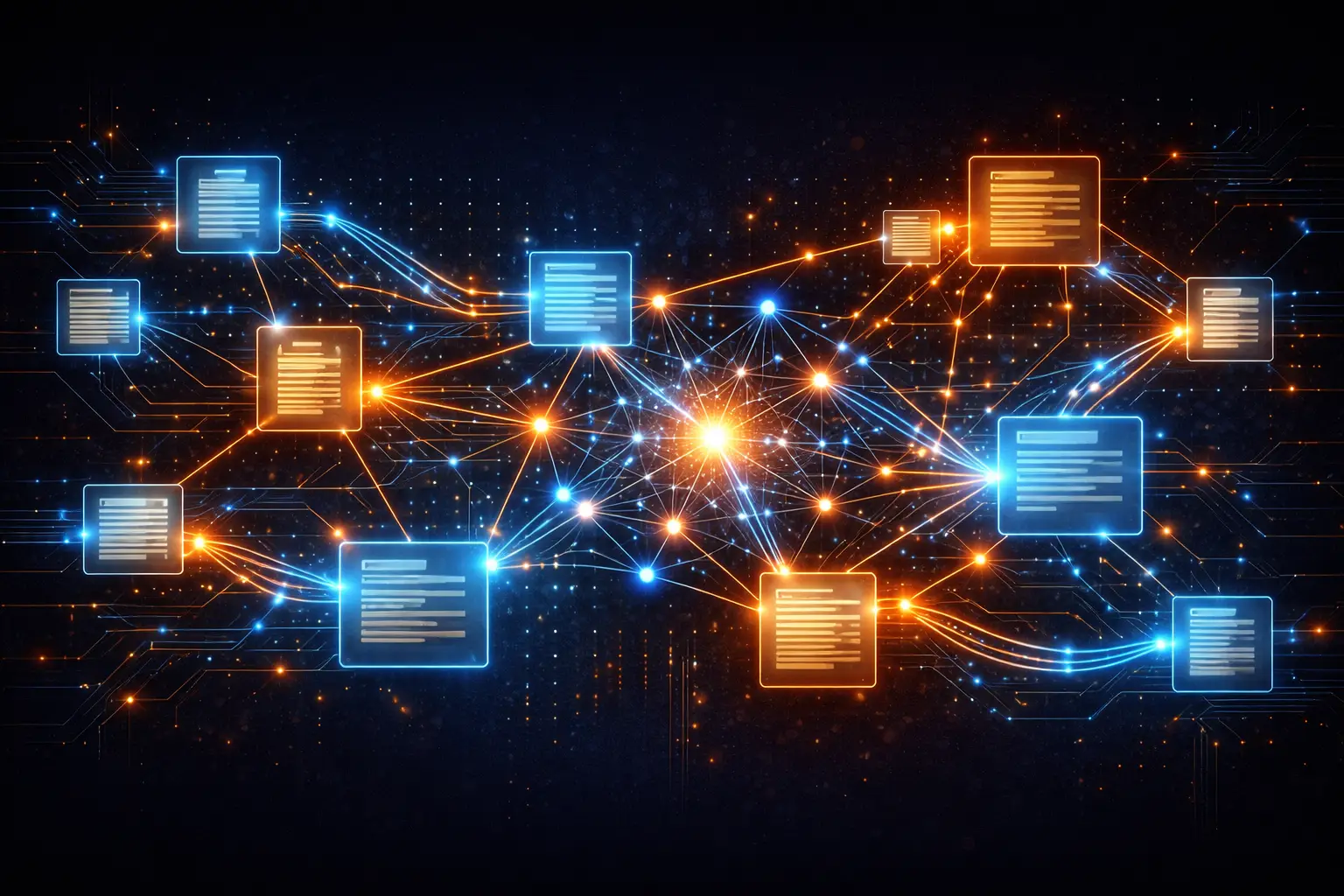 Futuristic digital knowledge graph with interconnected document nodes and holographic panels