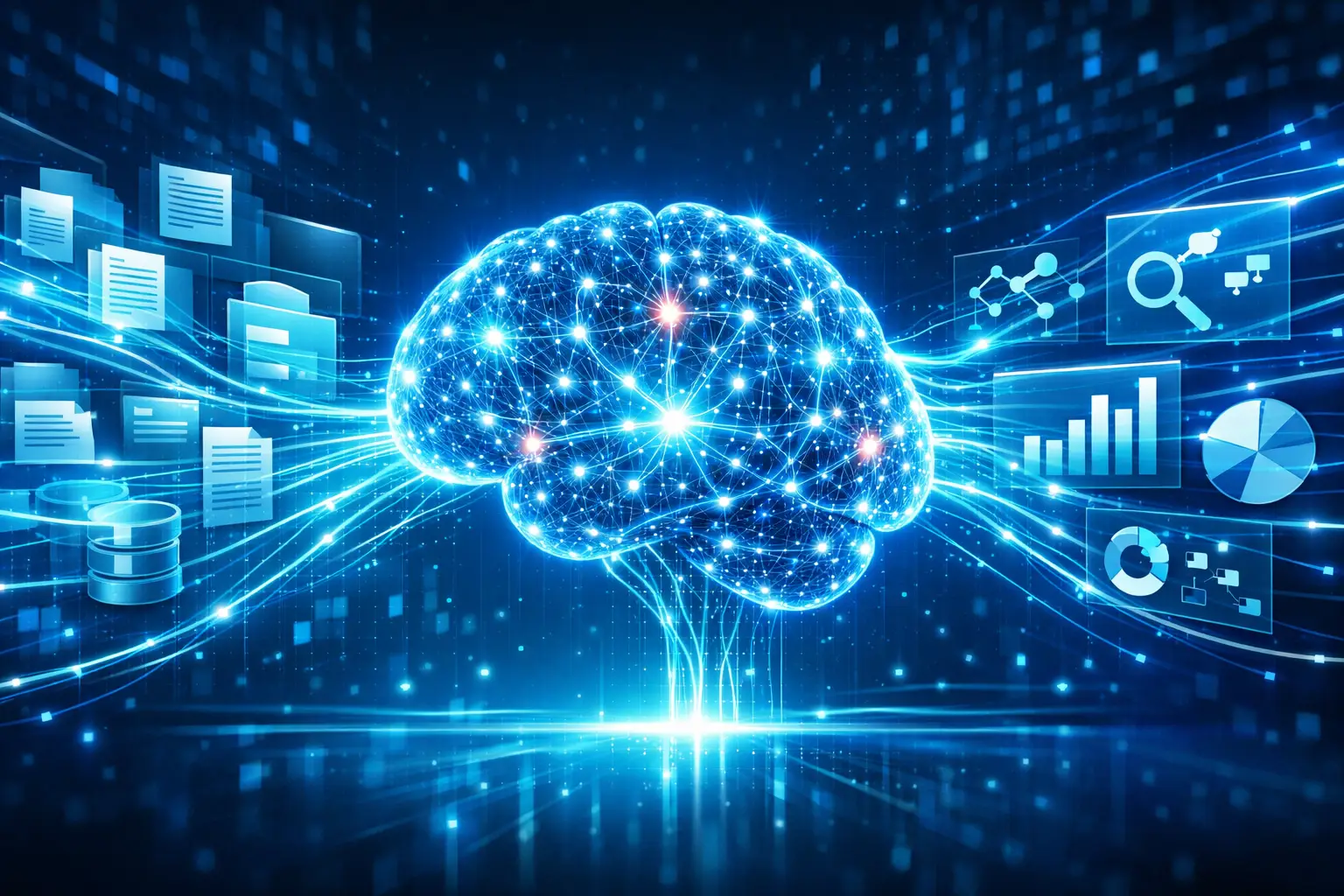 Retrieval-augmented generation connecting document library to AI neural network with data streams