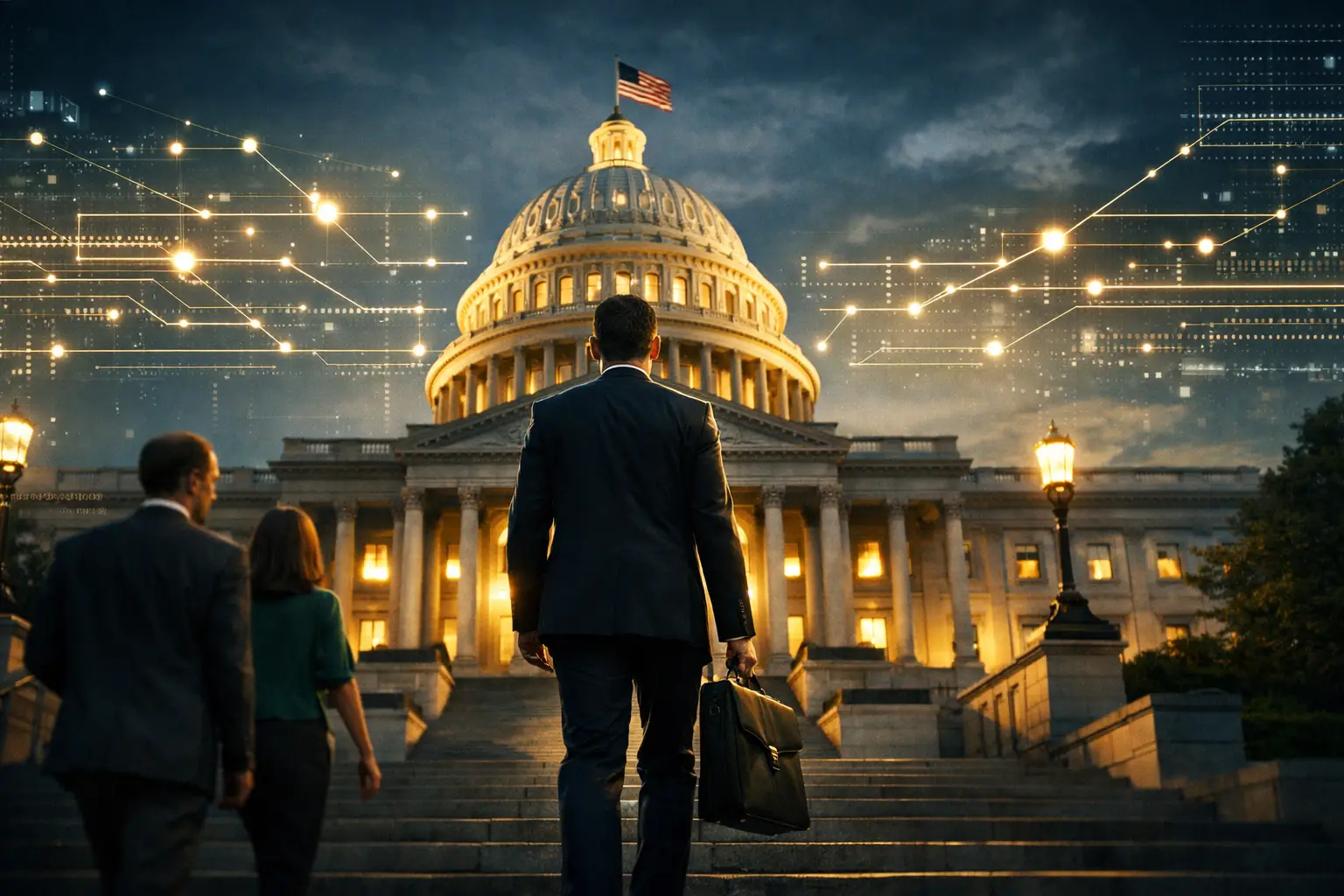 Small business professional approaching federal government building with AI data connections