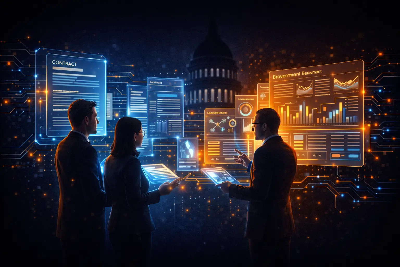 Professional team collaborating with AI-powered holographic government contract documents and procurement dashboards