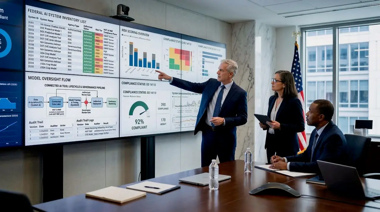 Senior government officials reviewing an AI governance dashboard during a federal strategy meeting