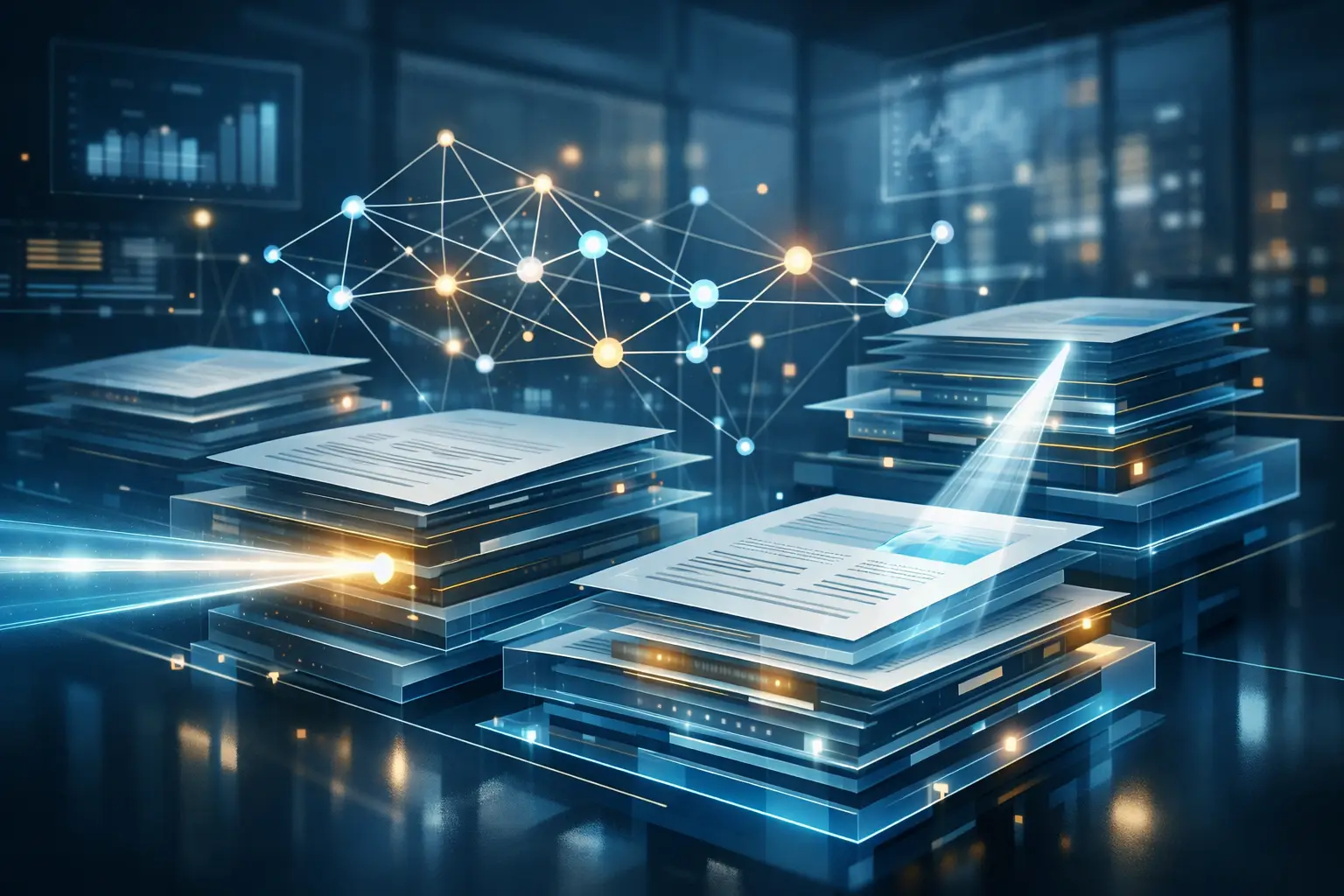 AI-powered enterprise document search visualization with glowing blue network nodes and layered digital documents