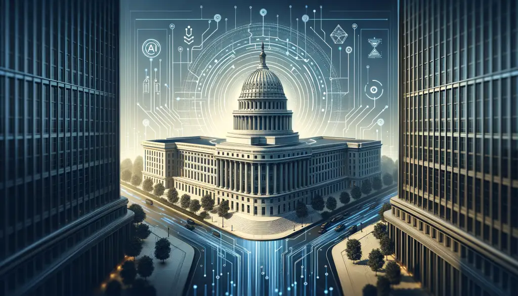 Federal building with digital AI overlay representing AI implementation guide for government agencies