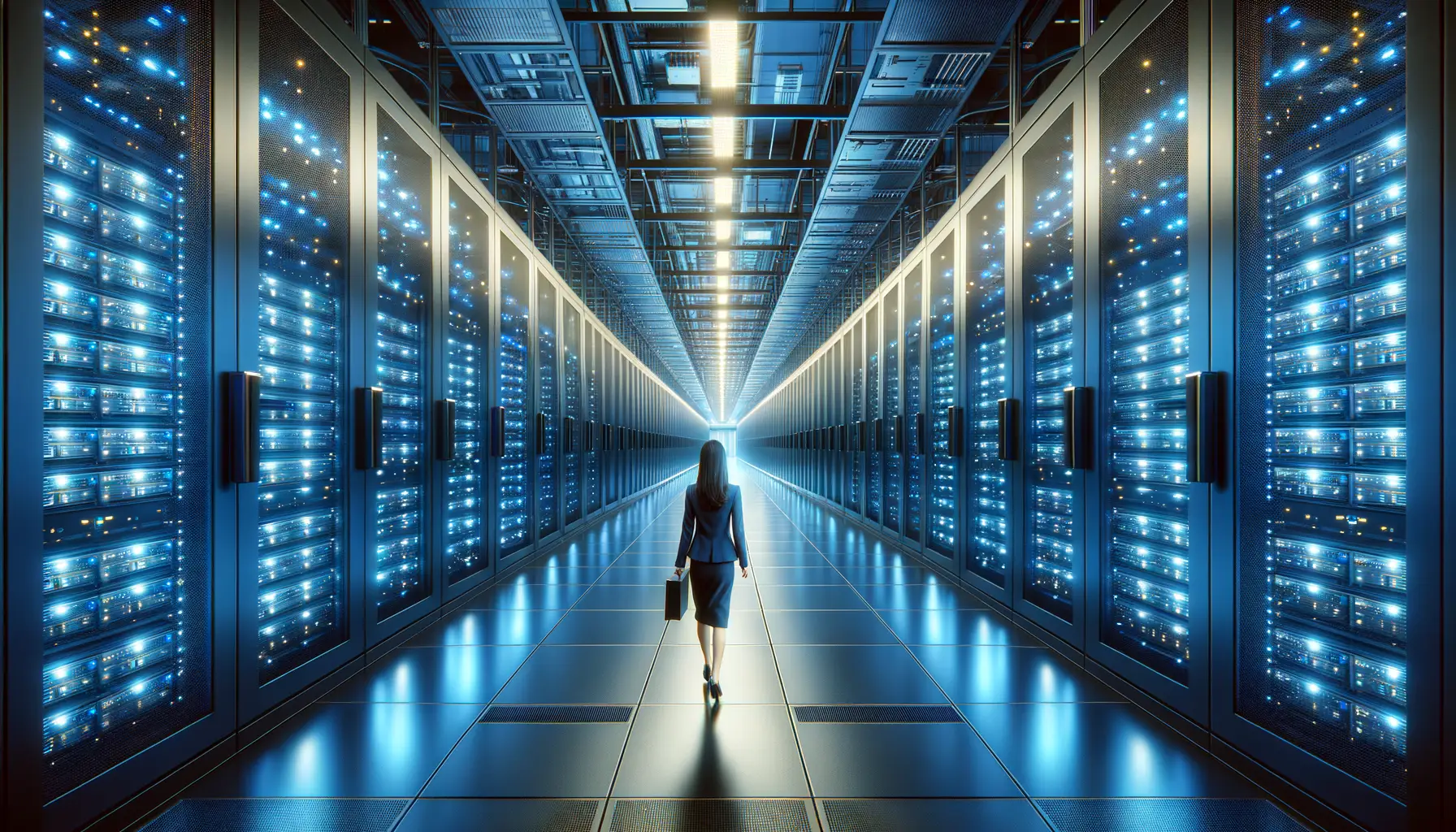 Data center corridor representing enterprise data infrastructure and AI-ready knowledge management strategy