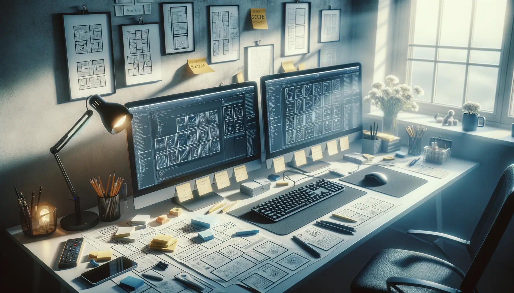 Development workspace with wireframes and dual monitors showing product architecture