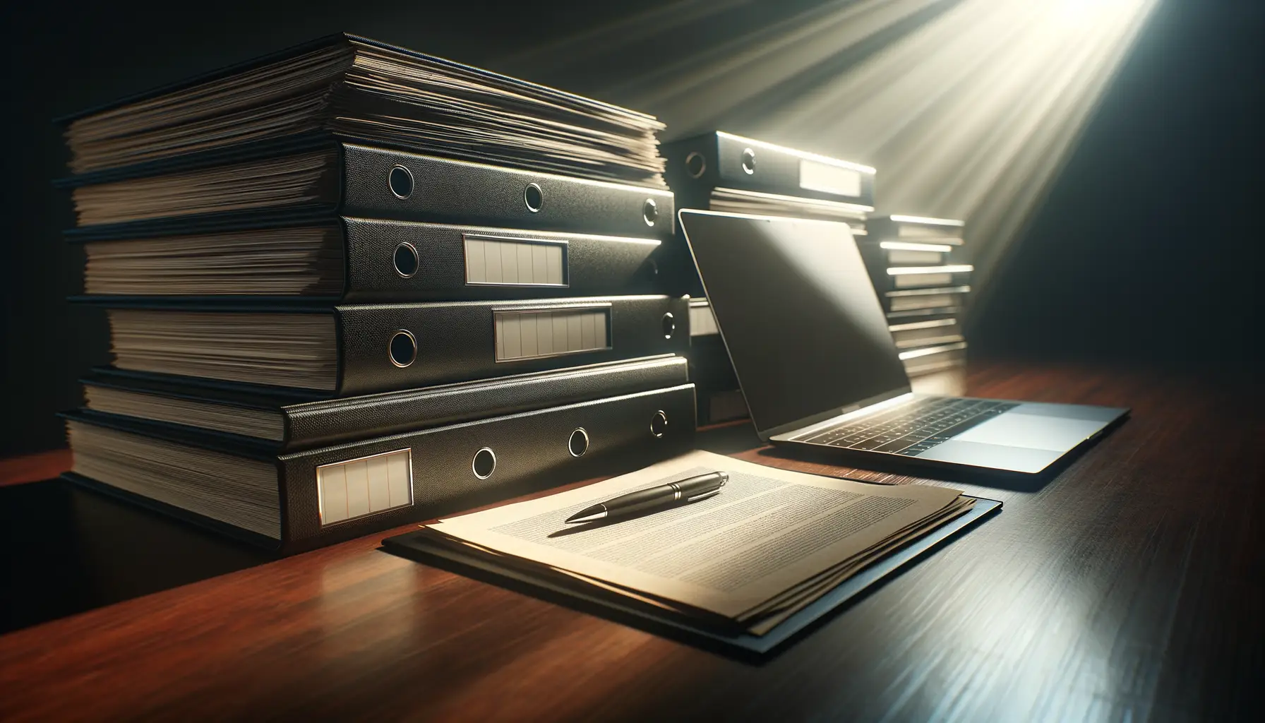 Executive desk with documents and laptop representing retrieval-augmented generation research and implementation