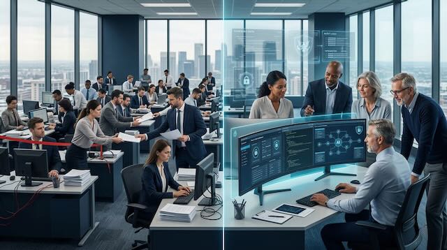 Photo-realistic image contrasting traditional large-scale federal IT delivery with an efficient small senior AI team. On the left, an overcrowded office shows bureaucratic handoffs and inefficiency; on the right, 3-4 experienced professionals collaborate at a secure workstation displaying governed AI dashboards, data integration flows, and compliance interfaces in a modern enterprise environment with city skyline view.