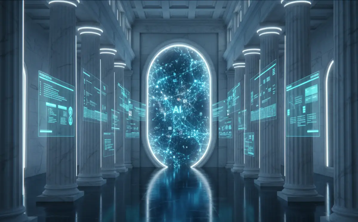 AI-powered federal procurement pathway — government corridor with neural network portal representing GSA Schedule AI services positioning