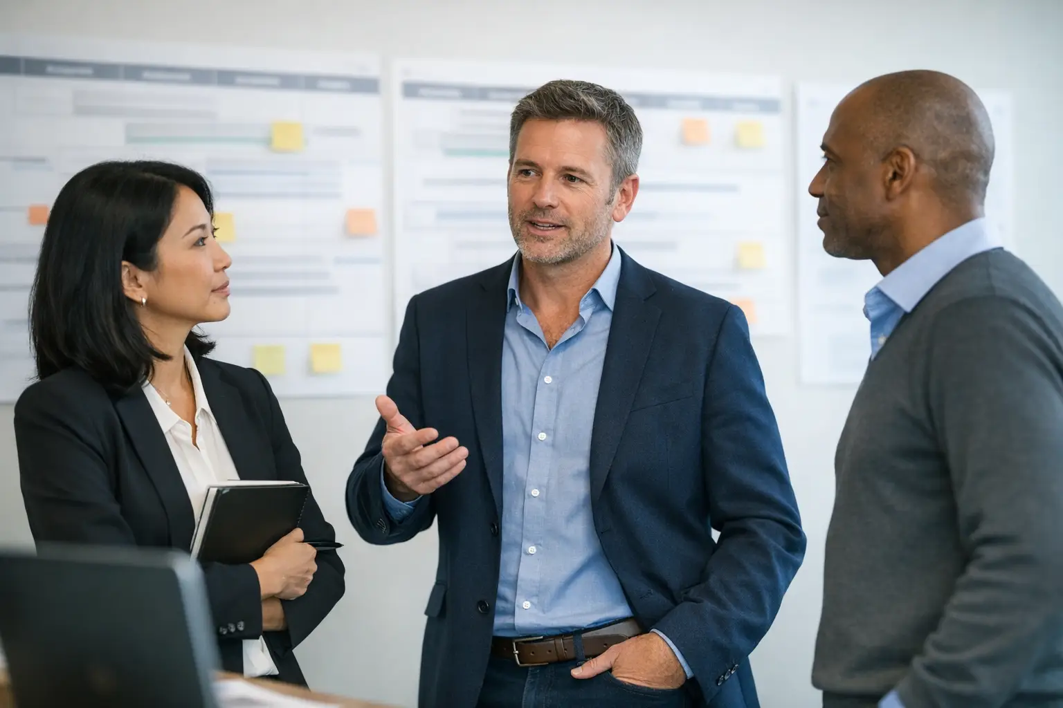 Three project leaders reviewing an AI rollout plan before moving from pilot to production.