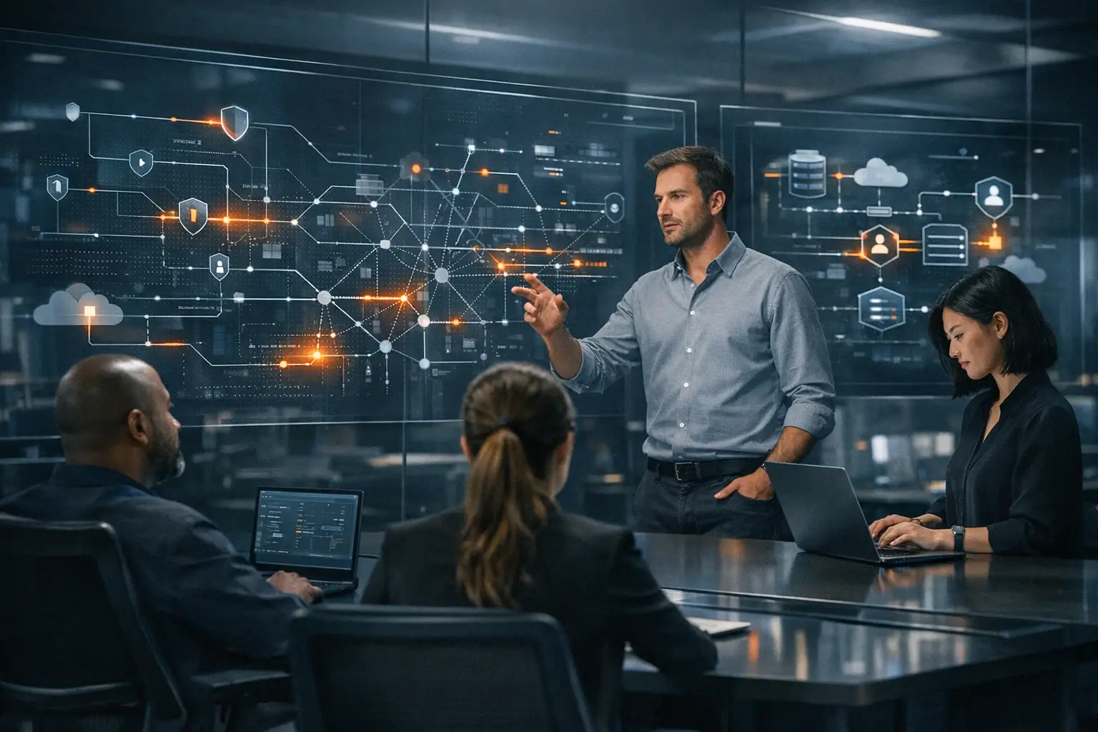 Contemporary AI implementation team reviewing secure enterprise systems integration in a modern operations room.