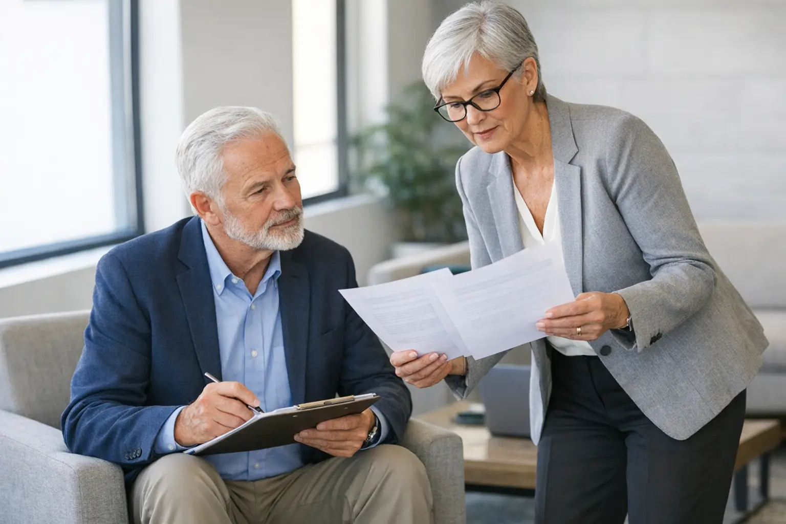 Two senior AI advisors comparing printed option briefs in a bright office.