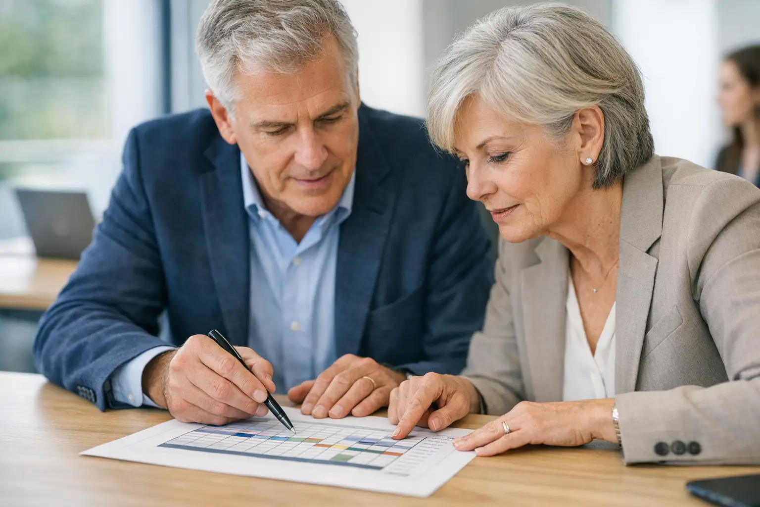 Two senior leaders annotating a printed governance matrix in a modern office.