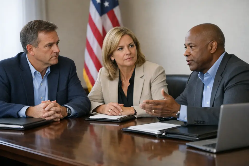 Three leaders in a federal policy briefing reviewing binders and notes.