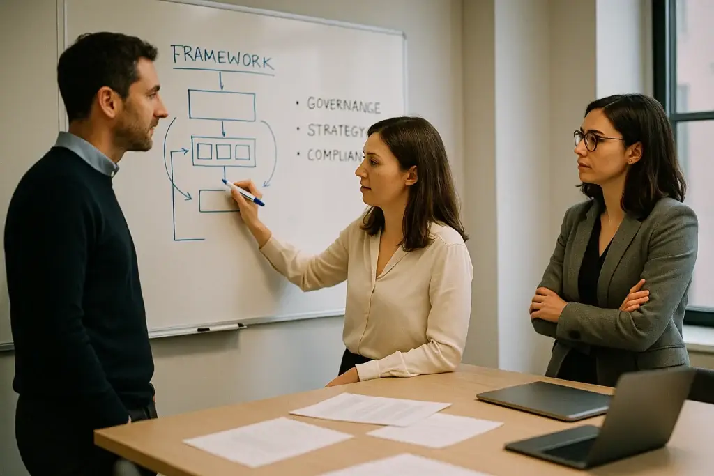Three professionals collaborating on an AI governance framework at a whiteboard in a conference room