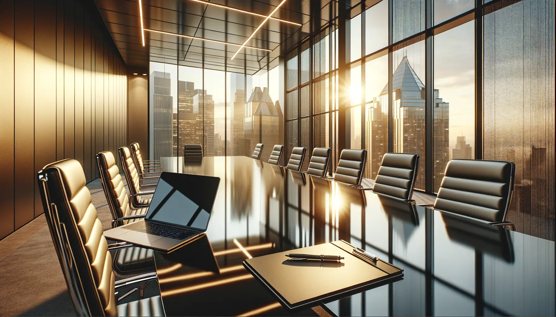 Modern executive conference room at golden hour with city skyline view