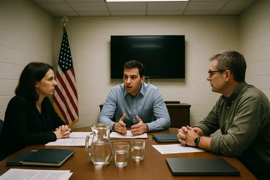 Three professionals in a focused discussion around a conference table in a government office