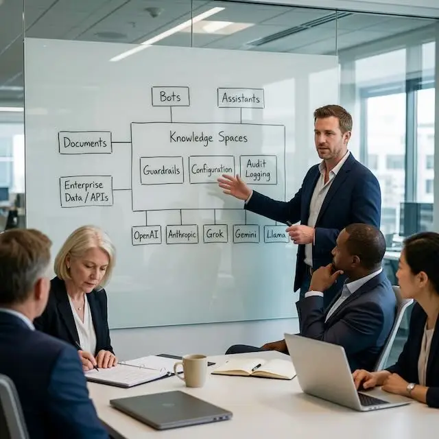 AI consultant presenting the Knowledge Spaces platform architecture on a whiteboard during an enterprise strategy meeting