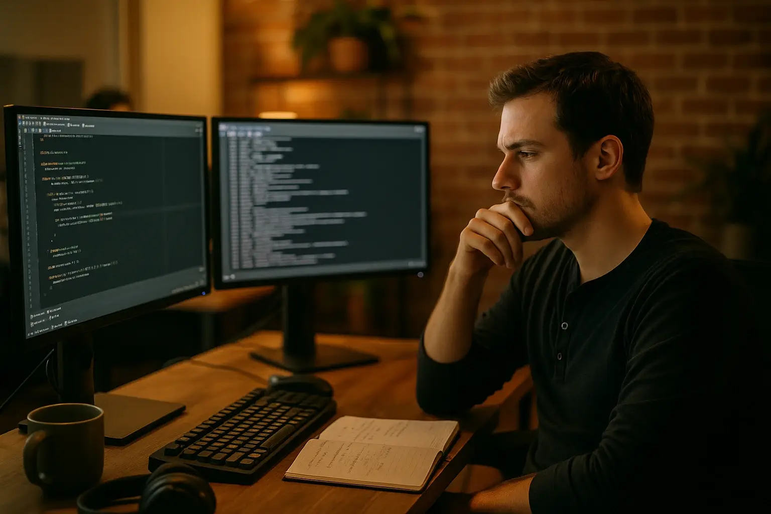 Software engineer deep in thought working on AI model orchestration code at a desk with two monitors