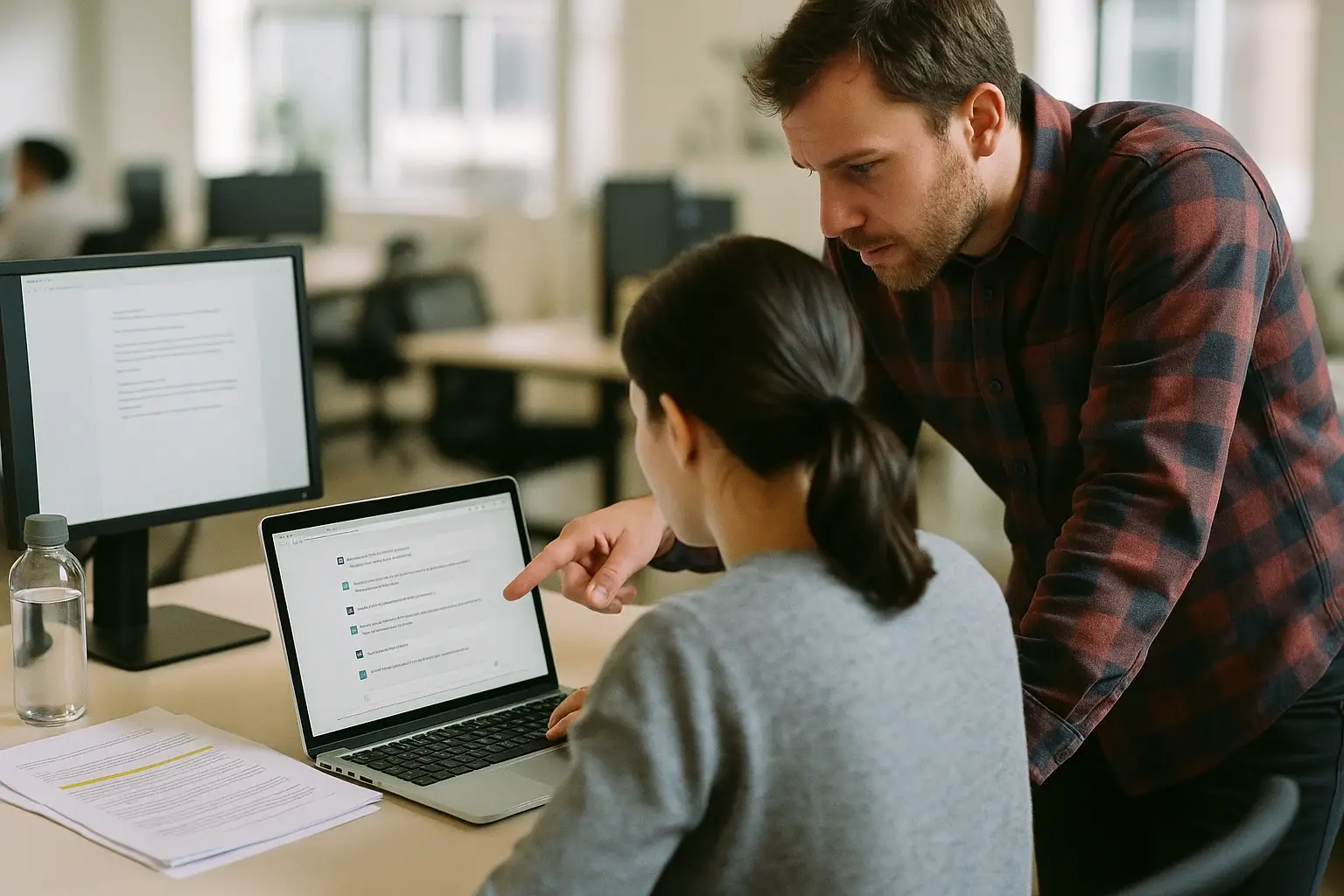 Two engineers reviewing a chat interface on a laptop, collaborating on RAG architecture improvements