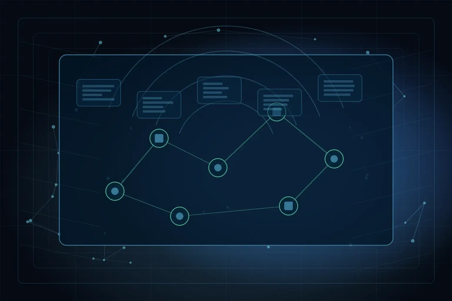 Abstract Sprinklenet AI architecture visual for Harnessing Nearshoring for Tech Development Success.
