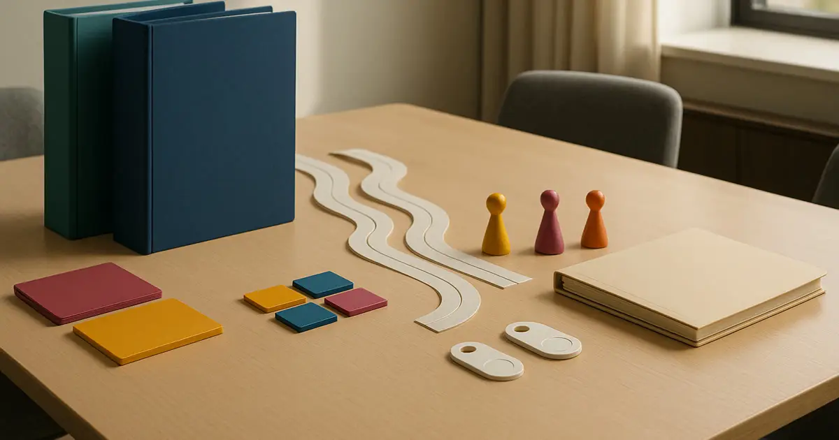 Premium AI governance workspace visual with blank policy objects, access controls, audit tokens, and no people.