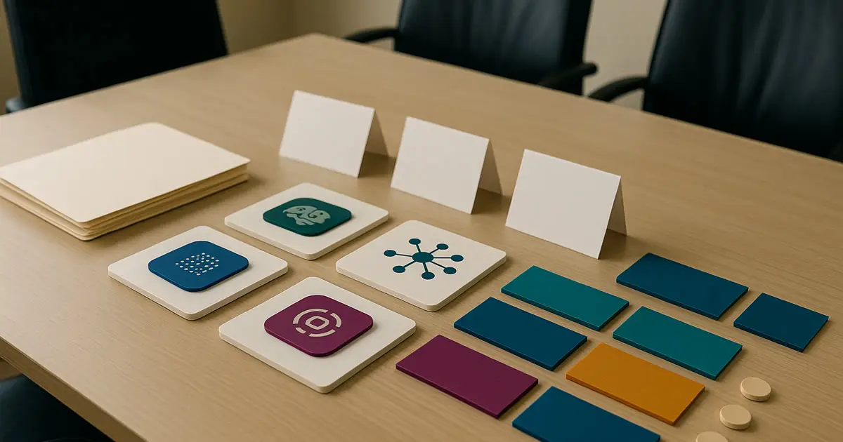 Premium federal AI buying workspace visual with blank procurement folders, capability cards, and no people.