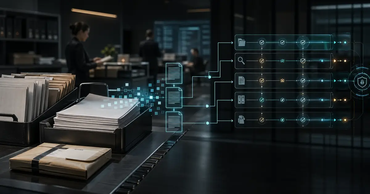 Government document workflow workspace showing files moving through an NLP processing pipeline.