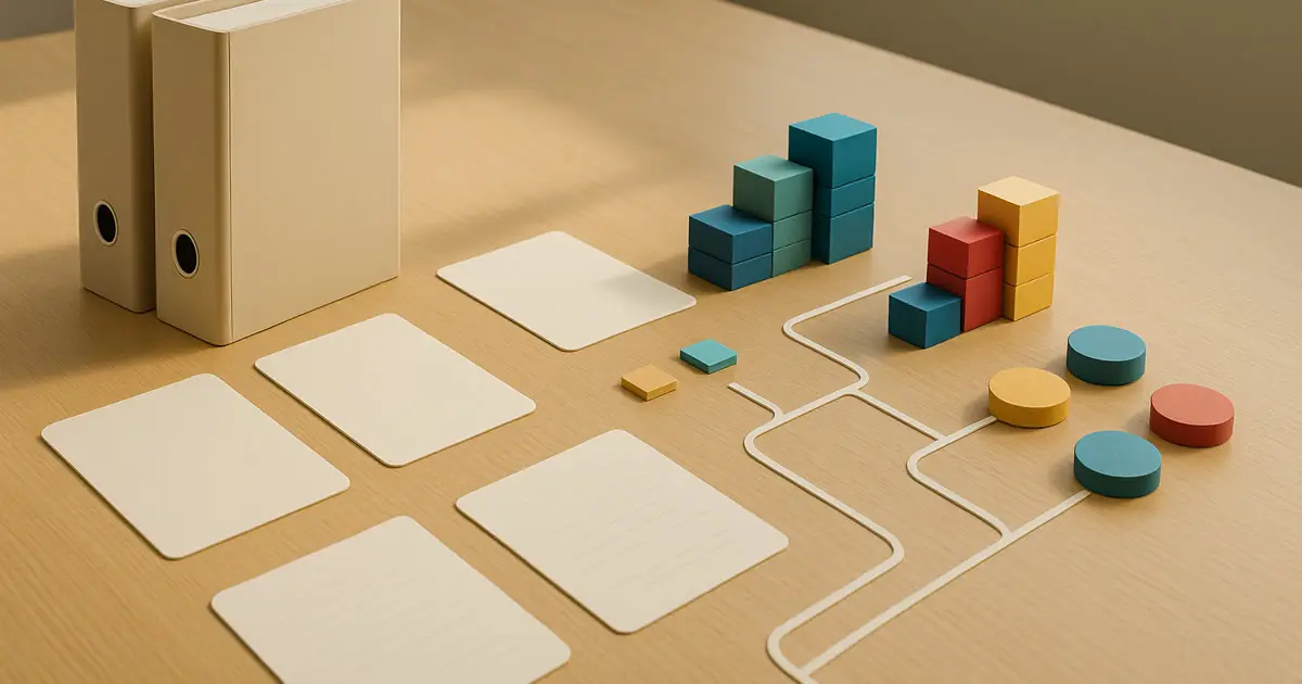 Premium enterprise data strategy workspace visual with blank archive folders, source-quality tokens, connector pieces, and no people.