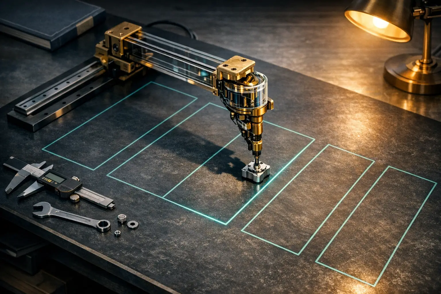 Precision robotic gantry arm operating within clearly etched control lanes on a dark machine bench, illustrating agentic AI confined to controlled enterprise workflows.