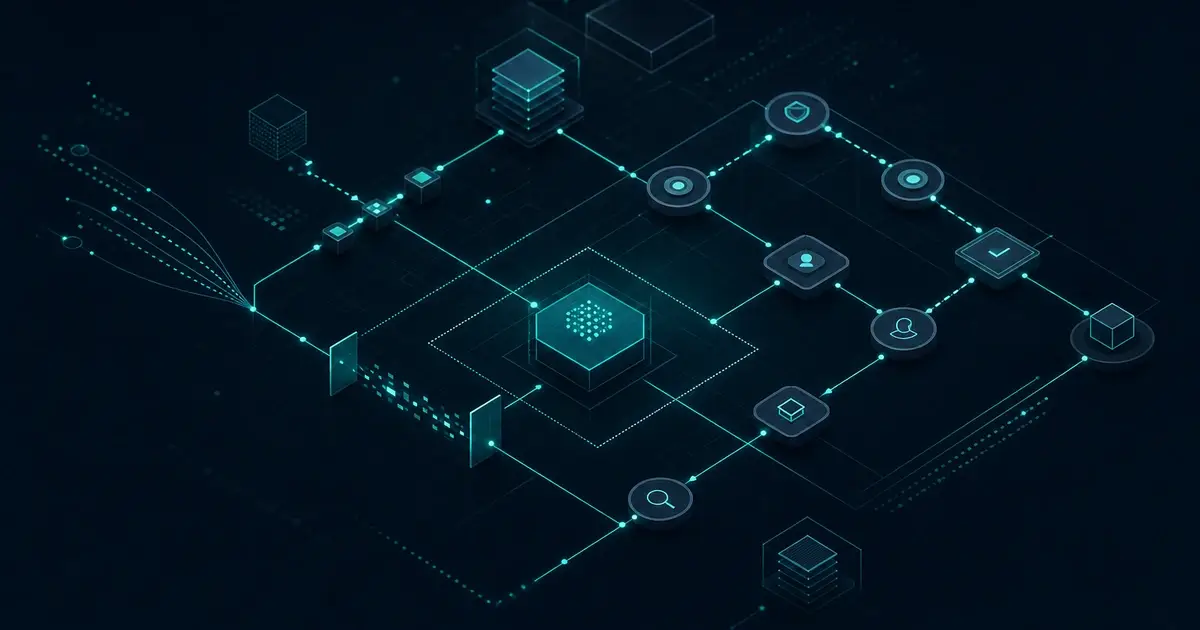 Abstract agentic AI governance grid with tool-use paths, policy gates, and human review checkpoints on a dark technical surface.
