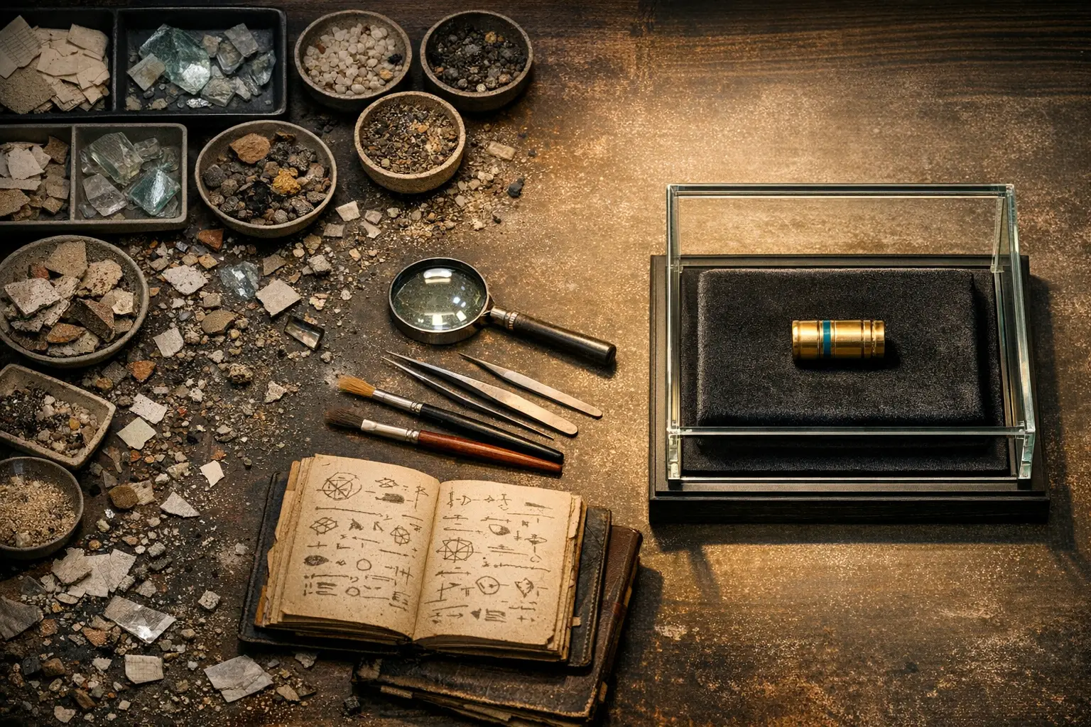 A conservator's worktable showing painstaking sorting of raw mixed materials on the left transitioning to a single restored brass artifact on the right under glass, illustrating the invisible data preparation behind any production AI system.