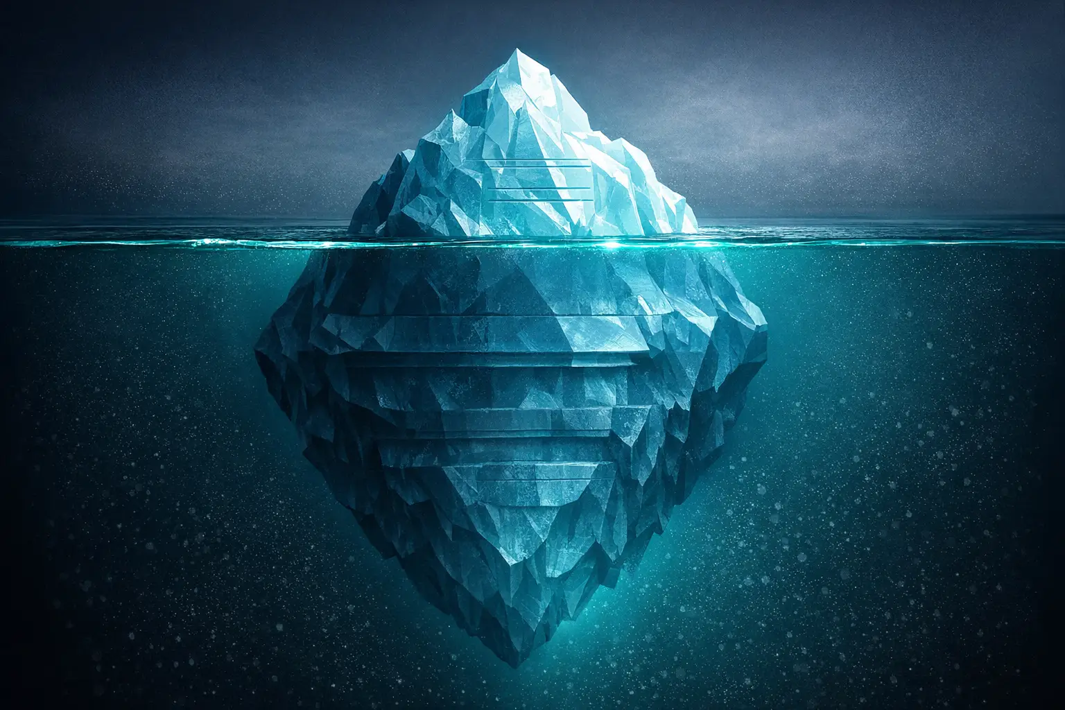 Iceberg metaphor for year-one AI budget — a small bright tip above the waterline represents model API costs while a much larger submerged mass represents the integration, security, data, and operating costs that dominate the budget.