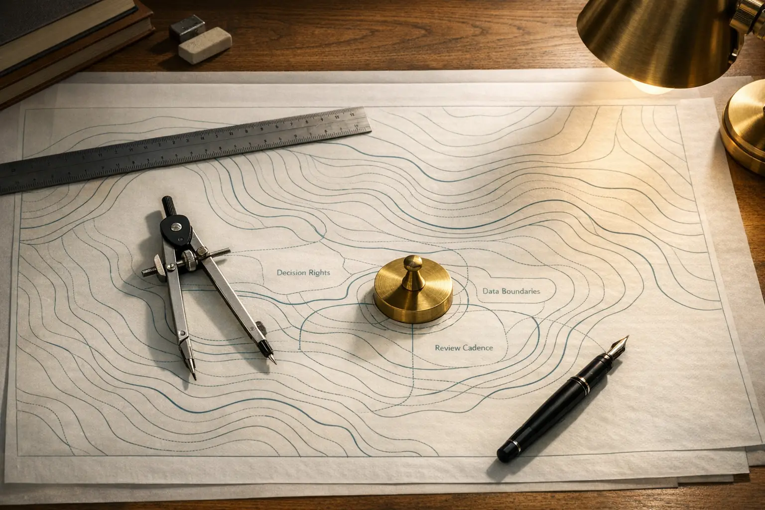 A topographic map with fine teal boundary contours pinned by a brass weight on an architect's drafting desk, with compass and ruler beside it, illustrating an AI governance roadmap with clear decision rights and data boundaries.