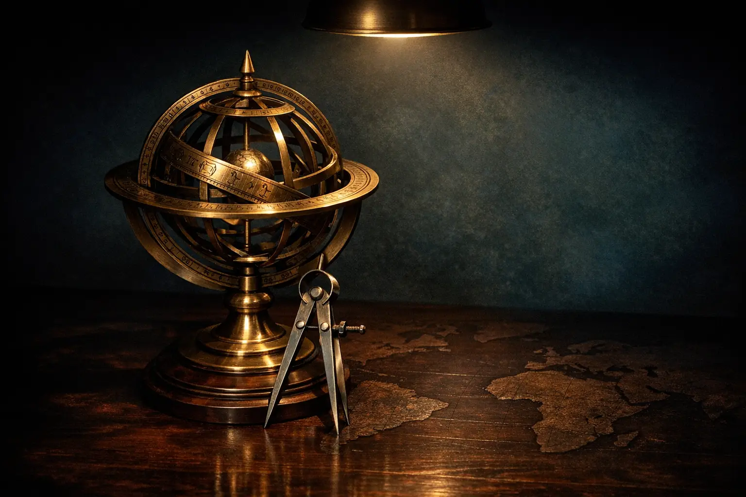 Editorial concept image: global precision, dark teal palette, no text or people.