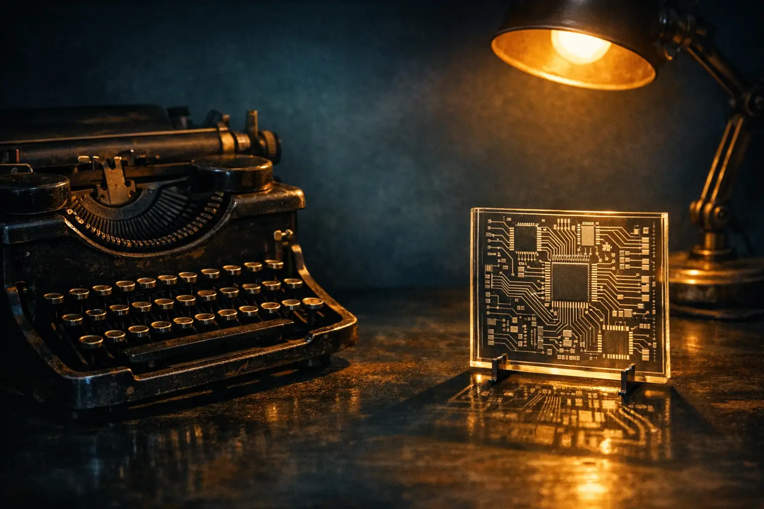 Editorial concept image: old and new, dark teal palette, no text or people.