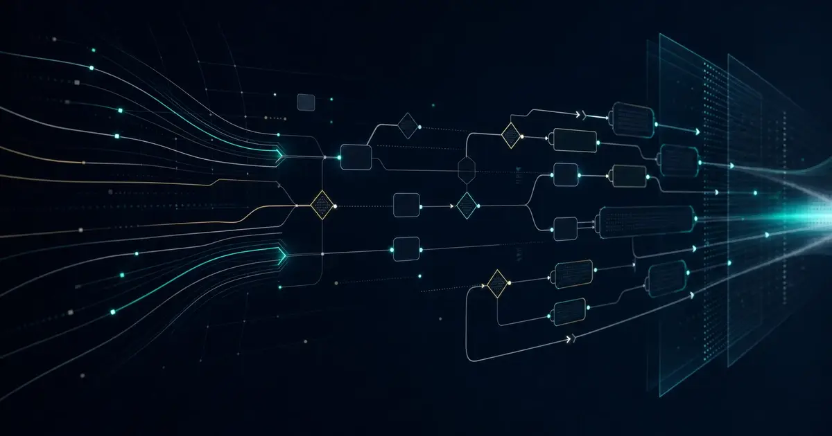 Abstract intelligent automation process lattice with structured workflow lanes, teal decision gates, and controlled handoff paths.