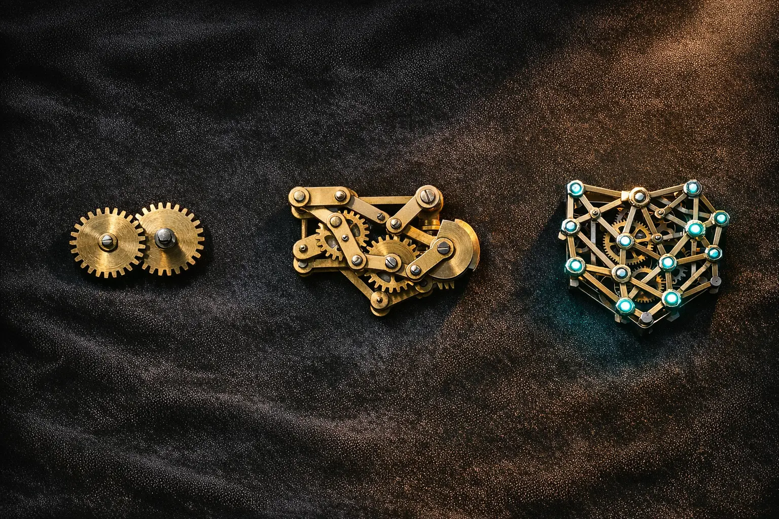 Three brass mechanisms progressing left-to-right from a simple gear pair to an articulated linkage to an intricate intelligent lattice with teal LED accents, illustrating the evolution beyond traditional RPA.
