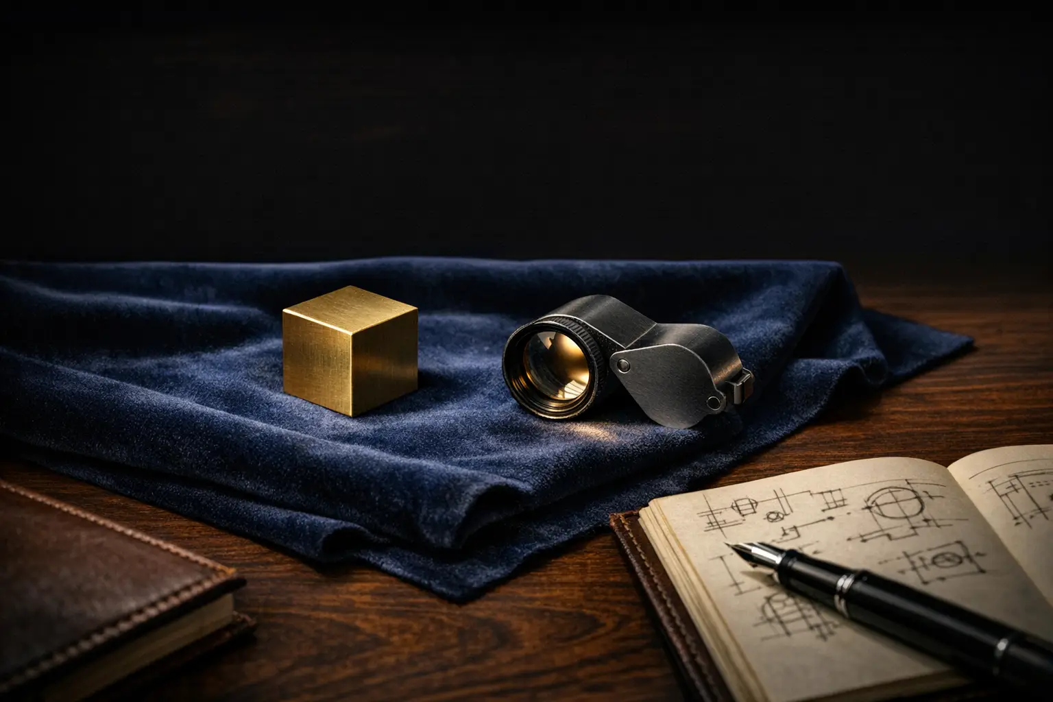 A small brass cube on a folded navy velvet cloth, with a jeweler's loupe and an open notebook beside it, illustrating premium technical due diligence on AI capabilities for buyers and investors.