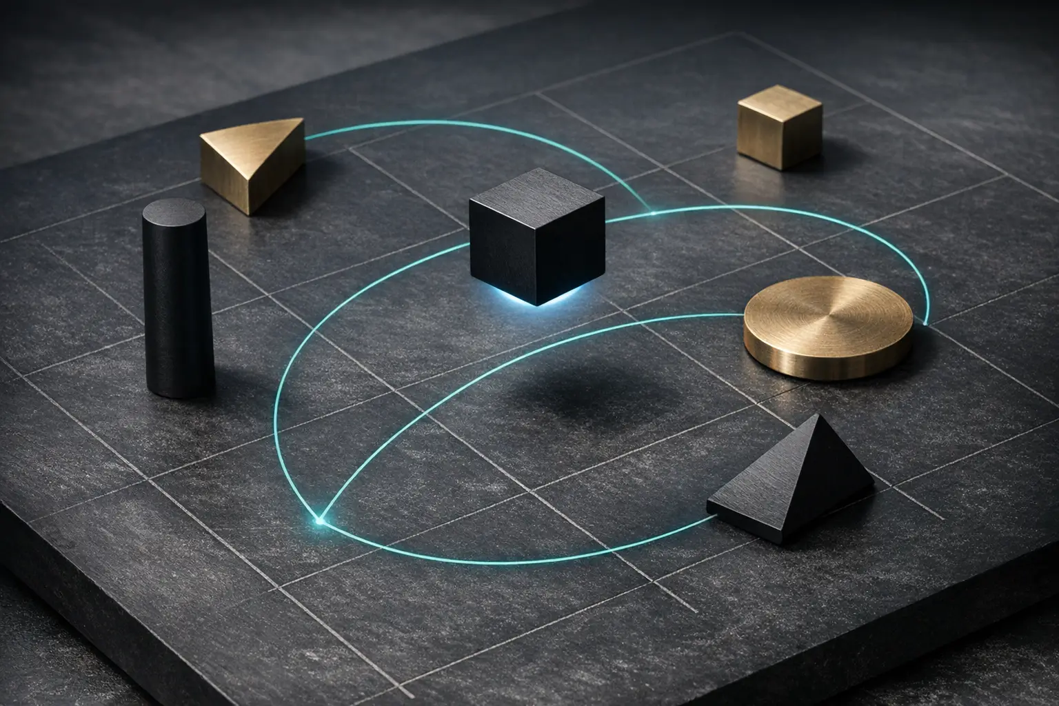 Abstract geometric pieces on a dark slate strategy board with thin teal lines arcing between them as planned trajectories, one piece lifted mid-move, illustrating agentic AI planning and executing multi-step operations.