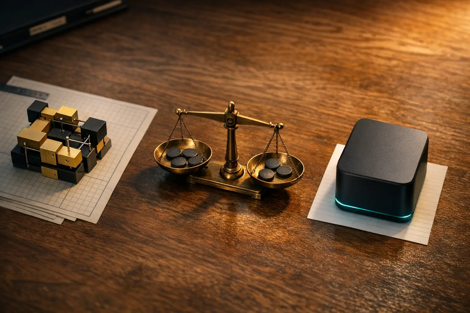Architect's worktable still life with a brass-and-black modular maquette on the left, a sleek matte SaaS-style enclosure on the right, and a small balance scale tipped between them — a buyer's framework for custom AI versus SaaS platforms.