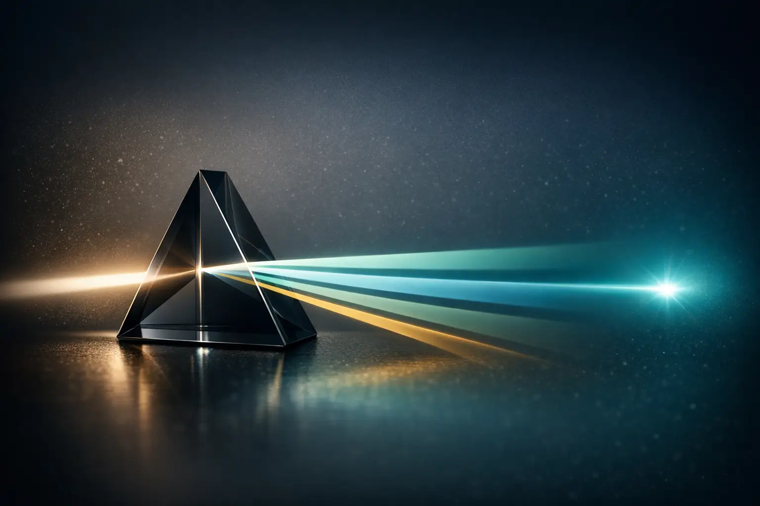 A glass prism refracting a single beam of light into four distinct cool-toned beams that converge to a bright teal focal point — a metaphor for measuring AI knowledge management ROI across time, quality, risk, and preserved knowledge.