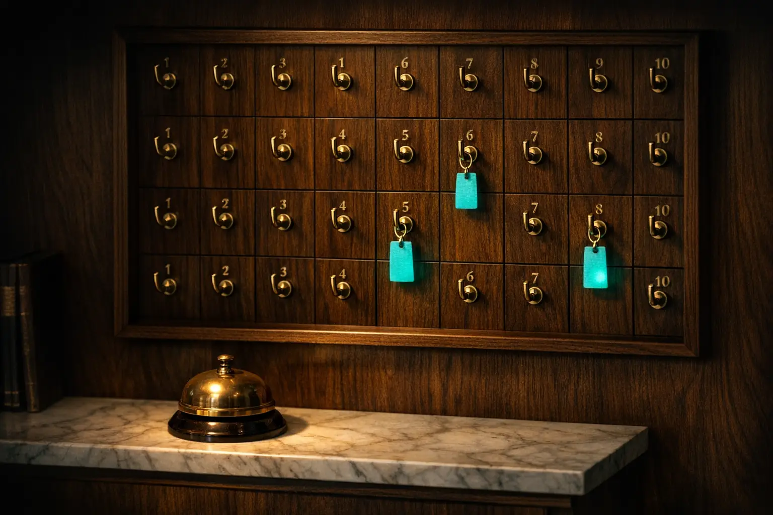 Concierge key-tag rack with most hooks emptied and a single brass call-bell on a marble ledge, illustrating AI chatbots quietly resolving most internal IT tickets.
