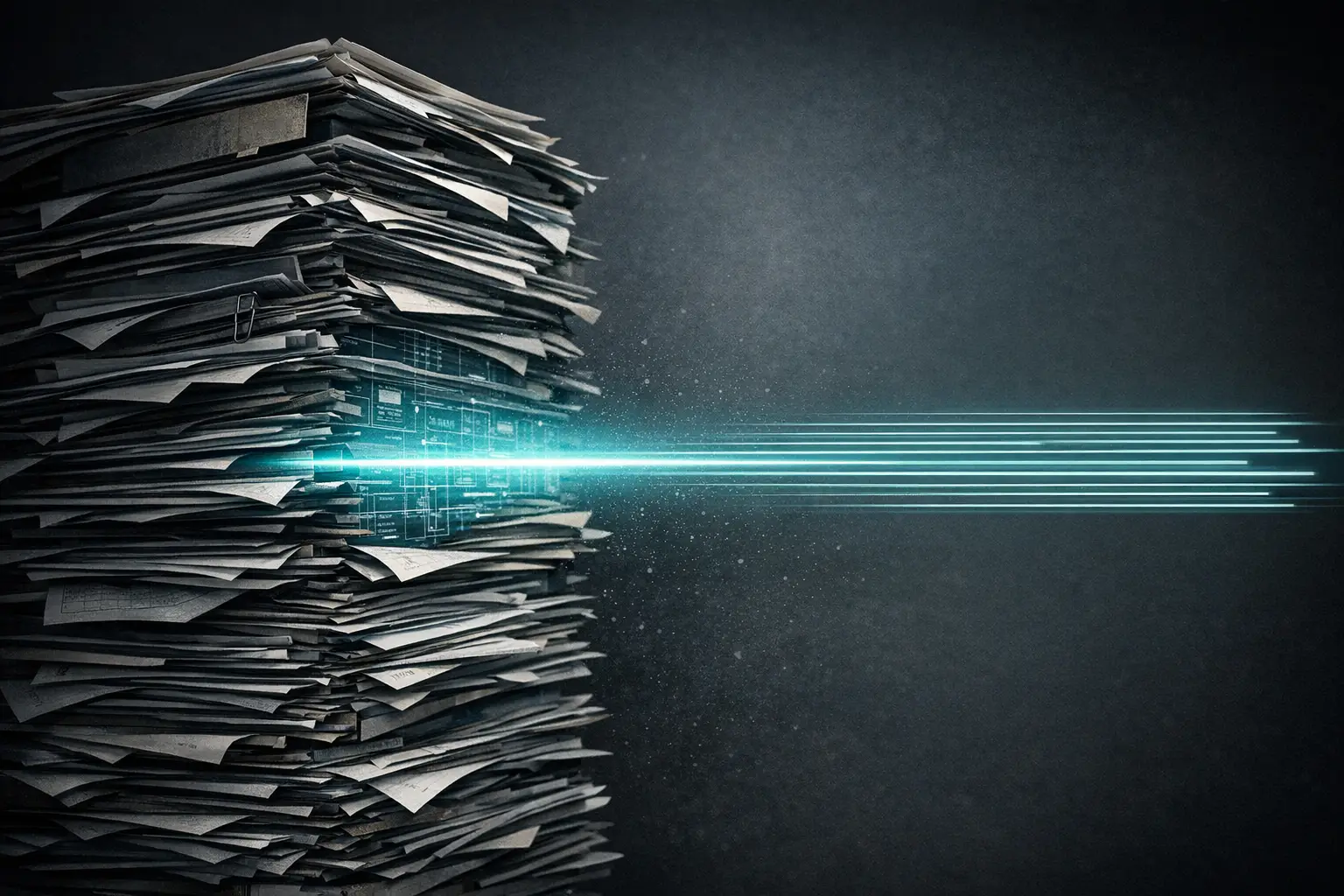 A teal beam of light passes through a tall stack of mixed business documents and exits as organized data threads, illustrating document intelligence extracting structure from unstructured enterprise content.