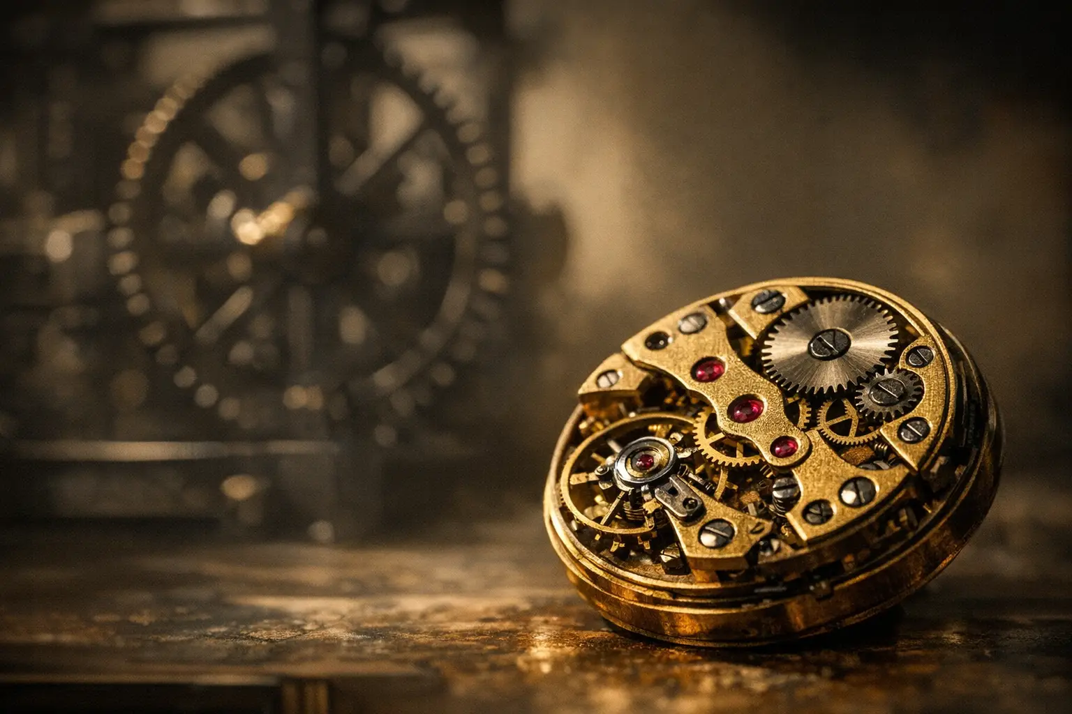 A small precision pocket-watch movement in sharp focus contrasted against the soft-focus shadow of a massive cathedral-clock mechanism, illustrating how small specialized AI firms move faster than large contractors on federal delivery.