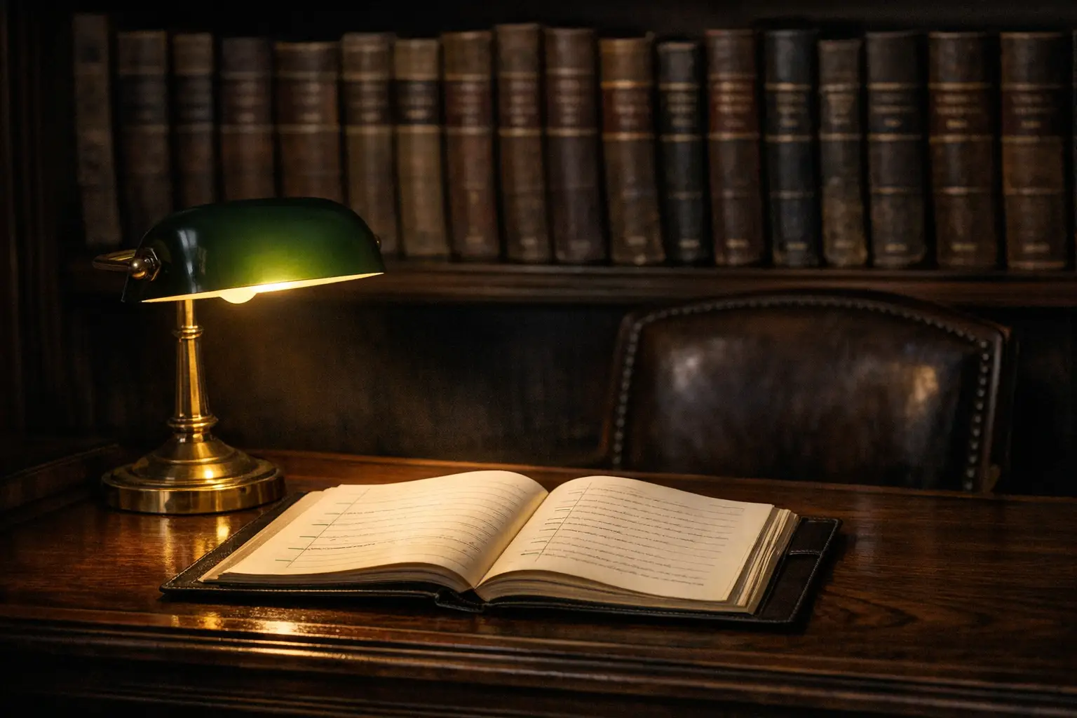 A library reading desk with a brass lamp lighting an open ledger with faint teal automated highlights along the margin, leather-bound regulation volumes shelved behind, illustrating AI-assisted compliance monitoring and reporting.