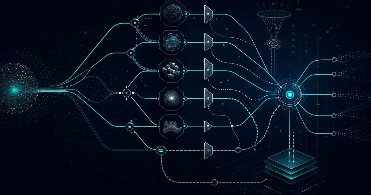 Abstract multi-model AI routing fabric with distinct model nodes, routing paths, and teal evaluation gates on a dark grid.