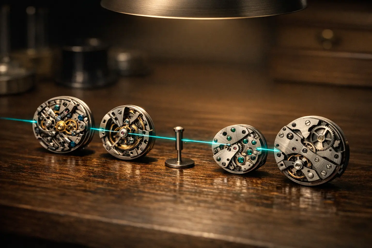 Five distinct watch movements arranged in a row on a watchmaker's bench, connected by a single teal thread through a central routing pin — illustrating multi-model AI architecture composing specialized models for different tasks.